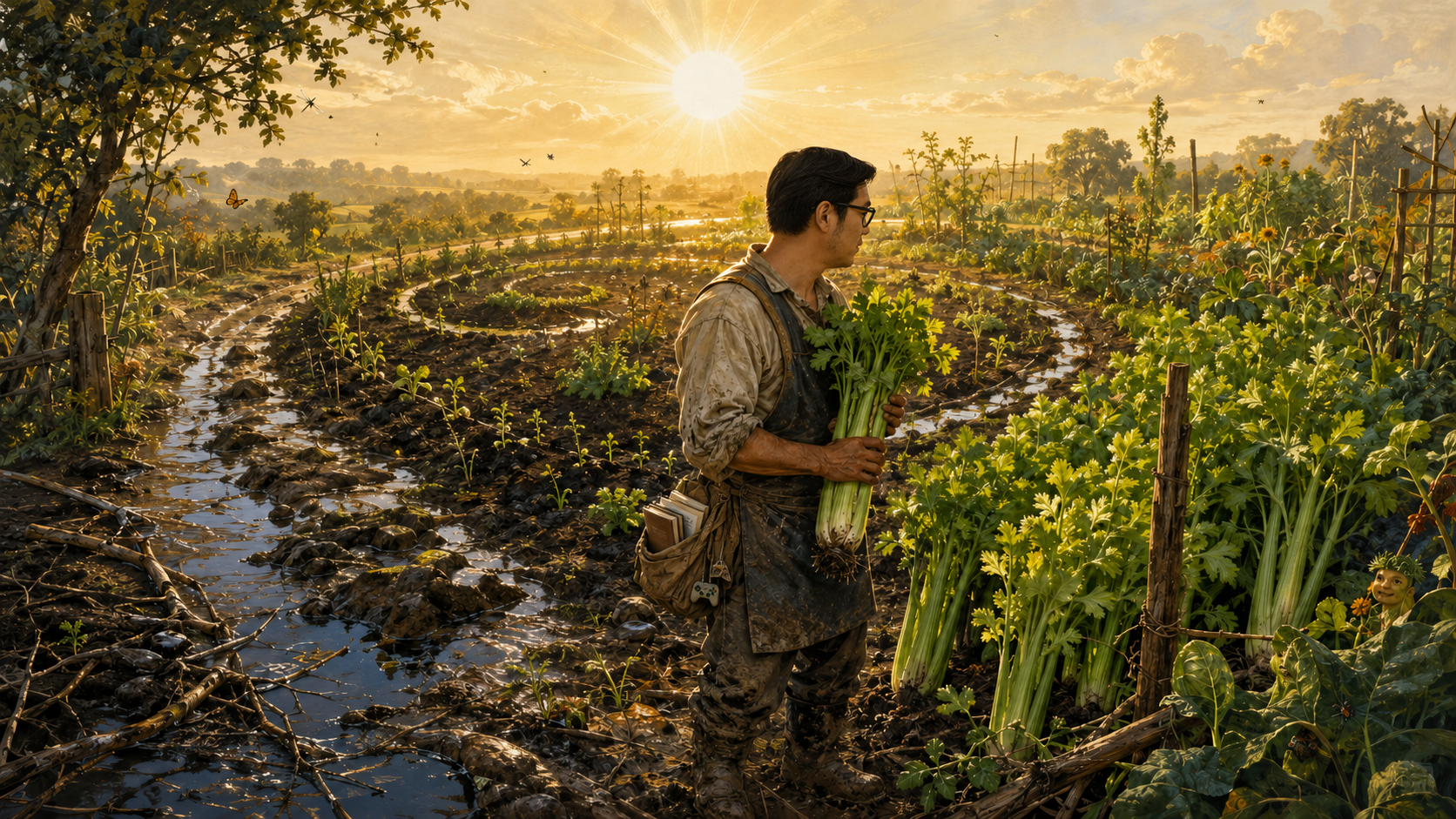 A mud-covered farmer holding enormous celery in a sunlit garden, with water channels, growing rows, and a small goblin among the plants.